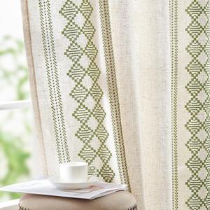 jinchan Boho Curtains Linen Blend Beige Farmhouse Curtains 63 Inches Long for Living Room Sage Green Square Embroidered Bordered Back Tab Bedroom Window Light Filtering Bohemian Drapes 2 Panels