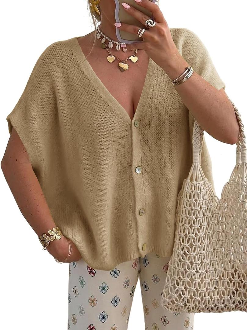 Saodimallsu Women's Fall Oversized Cardigans Batwing Short Sleeve Lightweight Button V Neck Casual Knit Sweater Tops (X-Large, Dark Khaki)