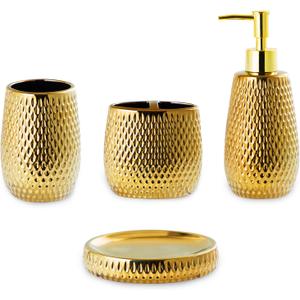 Gold Bathroom Accessory Set 4 Piece Ceramic Bath Accessories Sets Complete, Rain- Drop Shaped Bathroom Essential with Toothbrush Holder & Dish, Tumbler, Soap Dispenser Set for Bath Decor