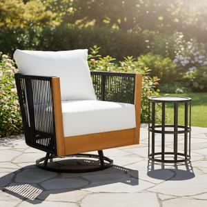 Christopher Knight Home Outdoor Swivel Rocking Chair Set with Thick Cushion & Ceramic Tile Side Table, Acacia Wood Patio Chair Set, 360 Degree Swivel Rocker for Porch Balcony Backyard, Natural/Black
