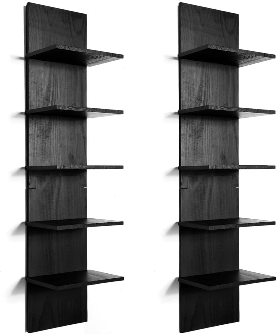 2 Pieces 5 Tier Wall Shelves for Bedroom 31.4 Inches Split Assembly Type Mount Vertical Wall Shelf Column Lack Hanging Floating Shelf for Storage Organizer Design Home Living Room(Black)