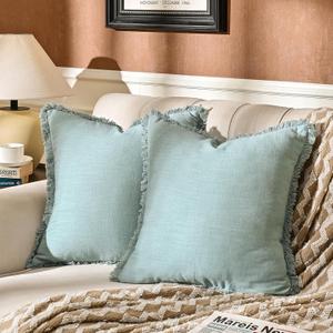 AmHoo Pack of 2 Linen Pillow Covers with Tassels Fringed Decorative Rustic Natural Throw Pillowcase Cushion for Couch Sofa Bedroom 20 x 20-Inch Cloud Blue