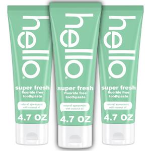 Hello Super Fresh Fluoride Free Toothpaste, Toothpaste for Bad Breath, Helps Remove Surface Stains, Natural Spearmint, 3 Pack, 4.7 Oz Tubes