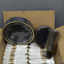 BESTVIP 350PCS Black Gold Dinnerware Set for 50 Guests, Plastic Plates for Halloween Party and Christmas, 50 Disposable Plates, 50 Dessert Plates, 50 Cups, 50 Spoons, 50 Forks and 100 Knives