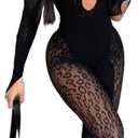 Women's Sexy Long Sleeve Bodycon Romper Hollow Jumpsuit See Through Sheer Mesh One Shoulder Party (Black) L/XL