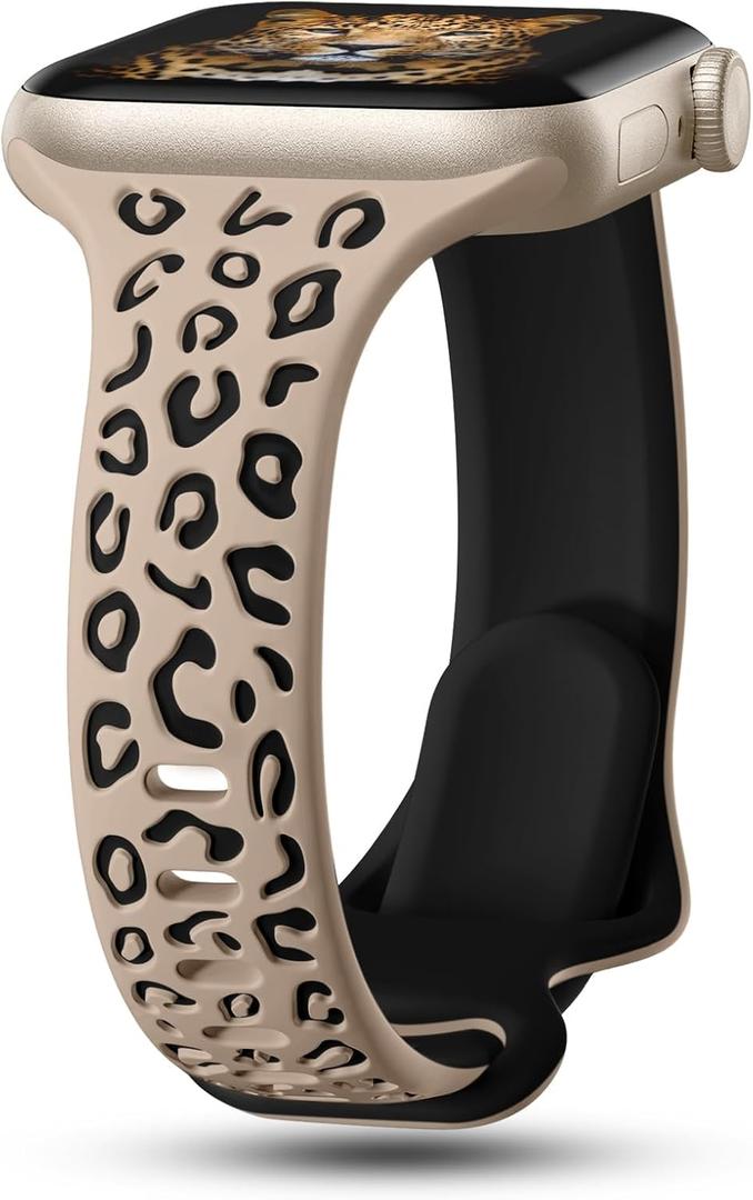 CreateGreat Slim Leopard Engraved Bands Compatible with Apple Watch Band 41mm 40mm 38mm 49mm 46mm 45mm 44mm 42mm Women, Cheetah Silicone Strap for iWatch Series 10 9 8 7 6 5 4 3 2 1,Ultra,SE (Nude Tan MT & Black)