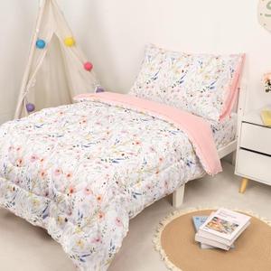 4 Piece Toddler Bedding Set for Girls, Boho Toddler Bed Comforter Set, Ultra Soft & Breathable Crib Bedding Includes Quilted Comforter, Flat Sheet, Fitted Sheet, Pillowcases, Flower