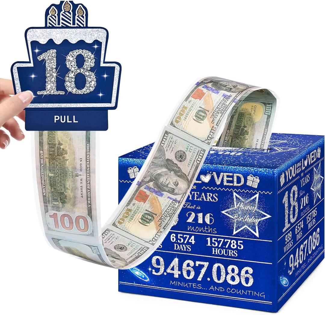 18 Happy Birthday Money Box for Cash Gift, 18th Birthday Decorations for Boys and Girls, Gifts for 18 Year Old Boy, Boy Gift Ideas, Cool Things for Teen -Blue with 100PCS Bags