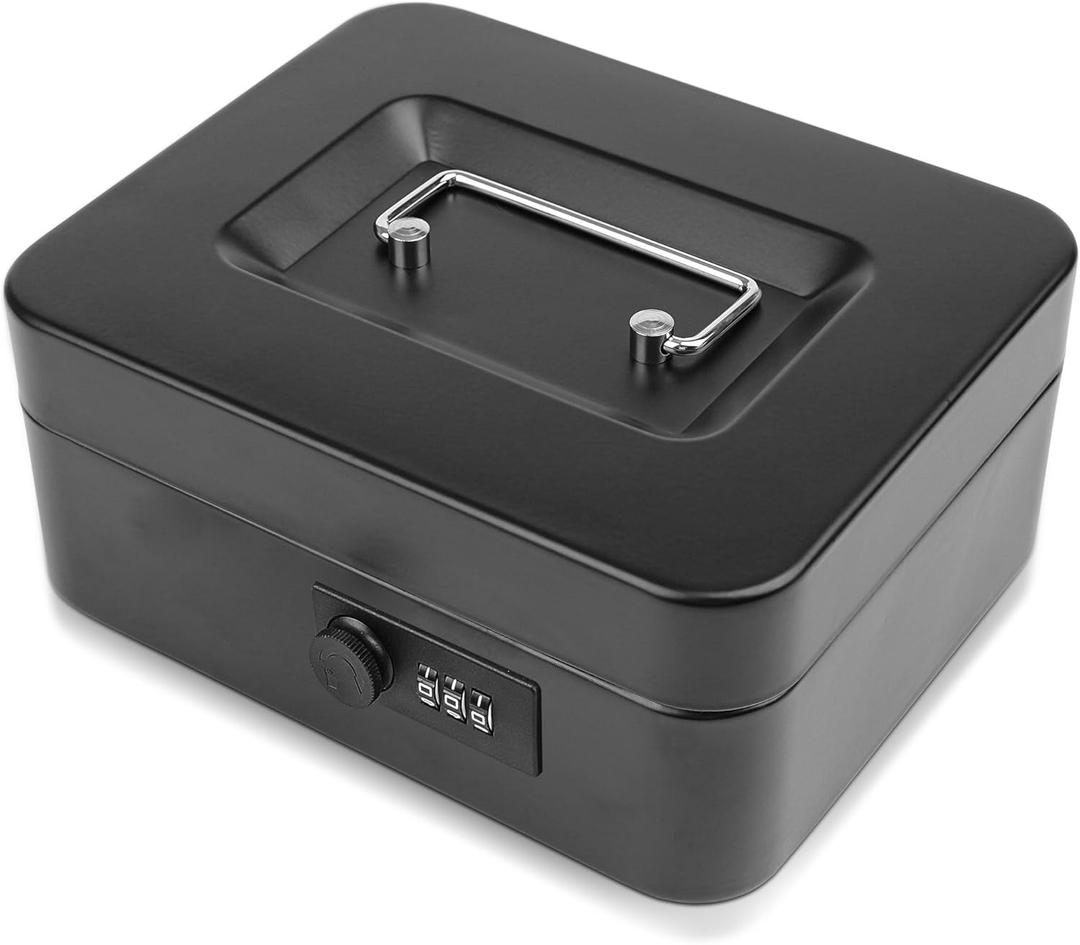 Small Cash Box with Combination Lock and Removable Cash Tray, Metal Money Box for Cash Safe, Durable Double Layer Code Petty Money Organizer for Security, 7.87"x 6.30"x 3.54", Black