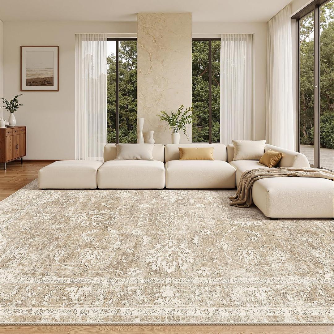 Madane Living Room 10x14 Area Rugs,Washable Low Pile Non-Slip Stain Resistant Extra Large Thin Rug, Vintage Soft Throw Carpet for Dining Room Bedroom Farmhouse Home Office Decor (10 x 14, Beige/Brown)