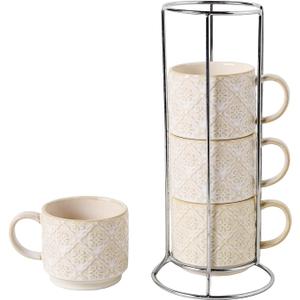 6 Oz Coffee Mugs with Stand, Stackable Coffee Cups Set of 4, Ceramic Espresso Cups, Embossed Cappuccino Cups for Latte, Cocoa, Mocha, Tea, Housewarming Wedding Present, Dishwasher Safe (White)