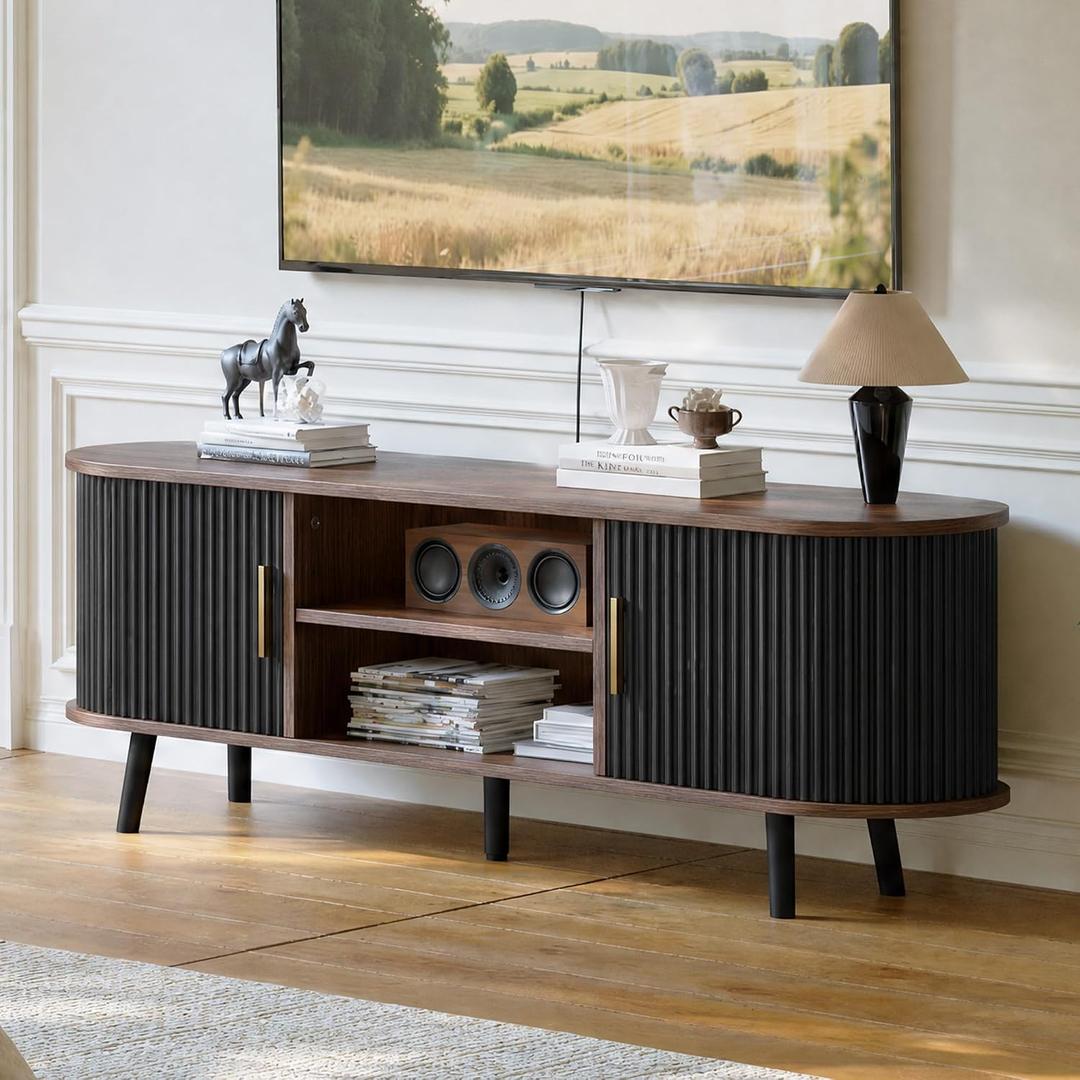 ChooChoo 54" Mid Century Modern TV Stand with Fluted Sliding Doors, 15.75"D x 53.94"W x 18.9"H