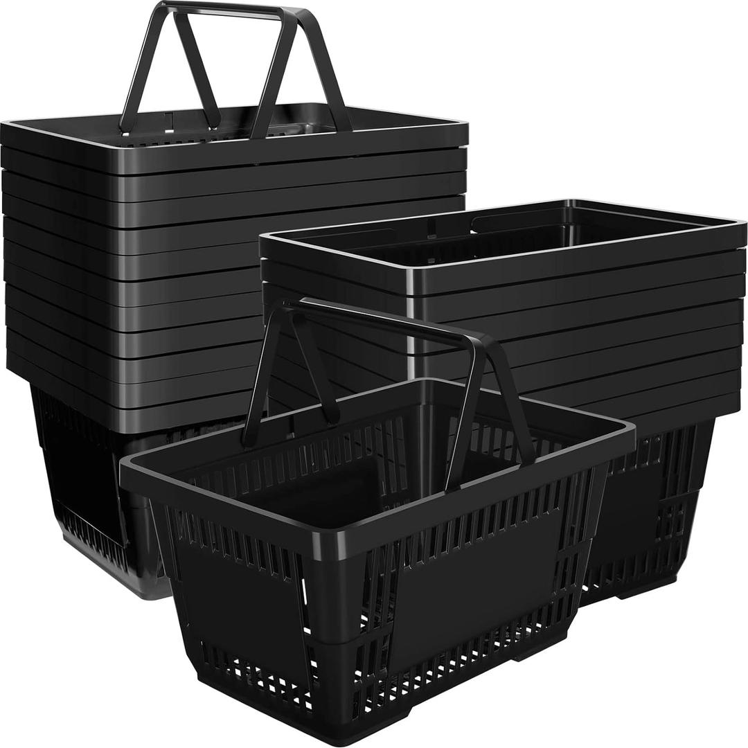 20 Pcs Bulk Shopping Baskets with Handles, 20 L Plastic Grocery Basket 16.9'' x 11.8'' x 9.1'' Portable Shopping Cart for Retail Stores Supermarket(Black)