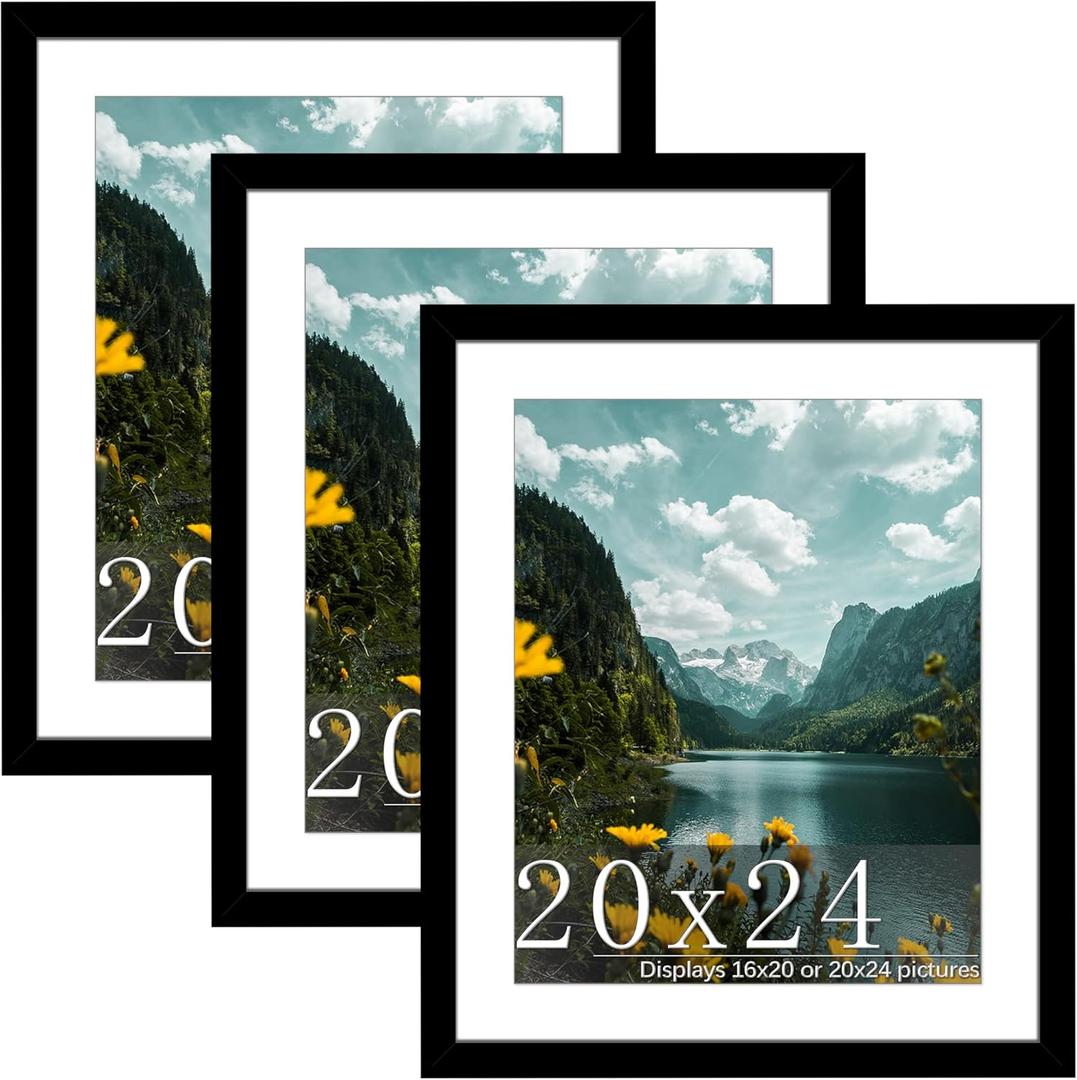 Picrit 20x24 Picture Frame 3 Pack, Black Poster Frame, Display Poster 16 x 20 with Mat or 20 x 24 without Mat for Horizontal or Vertical Wall Mounting