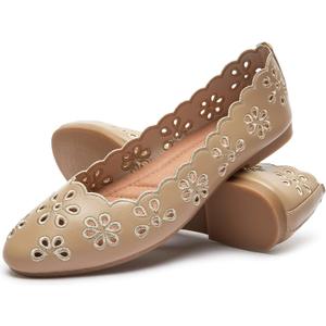 Women's Ballet Flats Black PU Leather Dress Shoes Comfortable Round Toe Slip on Flats with Breathable Eyelets (9, Apricot)