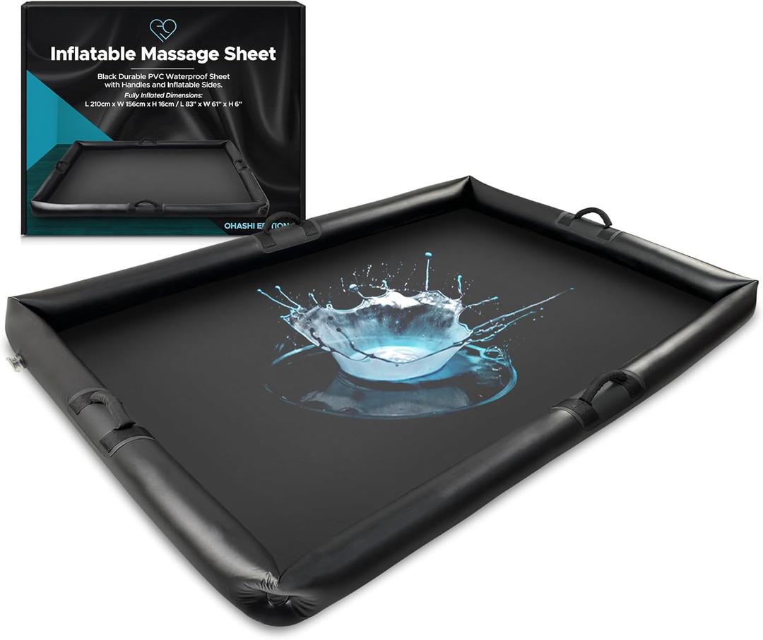 Inflatable Nuru Massage Sheet with Handles & Inflatable Sides | Black Durable PVC Waterproof | 210 x 156 x 16 cm, 83 x 61 x 6 inches | Protection Against Oil, Water-Based, and Silicone-Based Products
