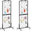 Grid Wall Panels Display Stand - Metal Shelving with 30 Hooks for Vendor Events Art Panels Heavy Duty Floor Standing Movable Detachable Retail Display Stand Wire Grid Tower for Easy Transport(2pcs)