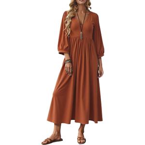 Celmia Autumn Solid Loose Long Maxi Dress Cotton Caftan (3XL, Puff Orange)