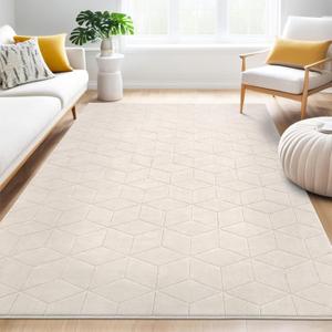 SHACOS 5x7 ft Soft Fluffy Modern Geometric Area Rugs, Non Slip Washable Rugs High Low Pile Rug Carpets for Living Room Bedroom Dining Room Kids Rooms, Beige