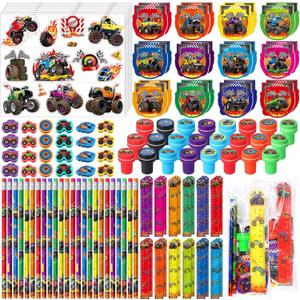 Cholemy 144 Pcs Monster Truck Party Favors Truck Party Supplies School Stationery Set Notebook Sticker Stamper Eraser Ruler Pencil Bag for Birthday Baby Shower Gifts Classroom Prize(Colorful,Monster)