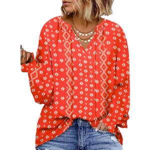 Eytino Plus Size Tops for Women V Neck Long Sleeve Drawstring Floral Boho Print Blouse Shirts Vacation Outfits(4X)
