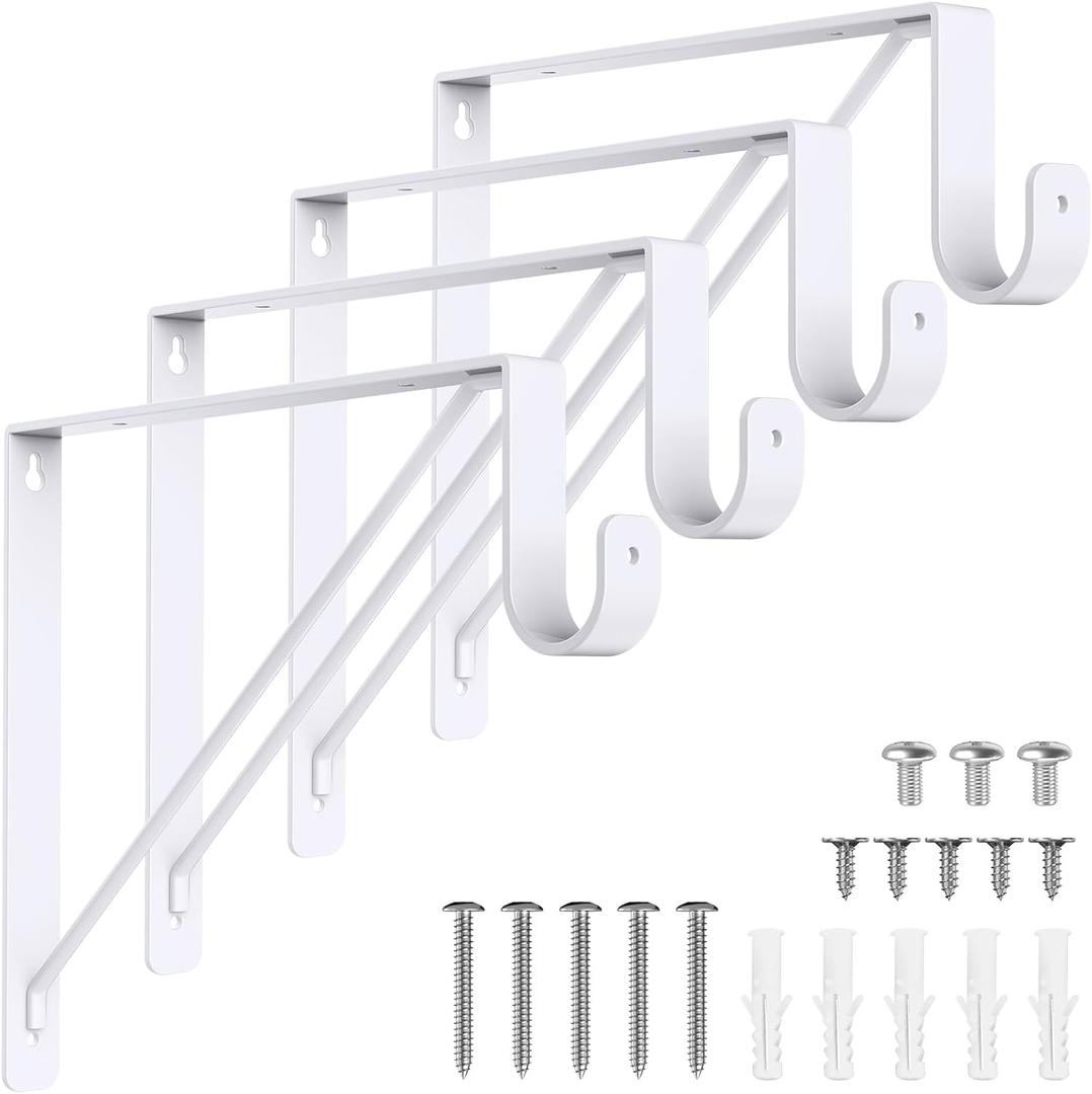 4 Pack Closet Rod Bracket, Heavy Duty Closet Rod Support with Rod Holder, Wall Mounted Closet Shelf Brackets with Triangle Stabilizing Design for Closet, Bathroom and Kitchen, White