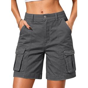 ELLEVEN Cargo Shorts Women High Waisted Bermuda Knee Length Cotton Long Y2K 7 Inch Inseam Summer Hiking Shorts with Pockets Grey X-Large
