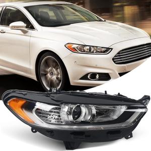 FIONE for Ford Fusion Headlight Assembly 2013 2014 2015 2016 Halogen Projector Headlamp Replacement Black Housing Clear Lens Head Light Chrome Front Lamp Right Passenger Side RH DS7Z13008A