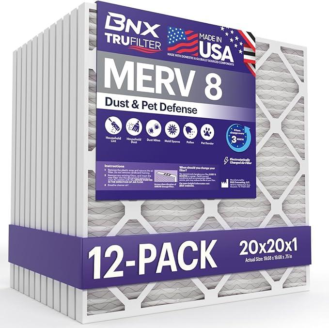 BNX TruFilter 20x25x1 Air Filter MERV 8 (12-Pack) - MADE IN USA Dust & Pet Defense Electrostatic Pleated Air Conditioner HVAC AC Furnace Filters for Dust, Pet, Mold, Pollen MPR 600 700 & FPR 5