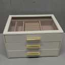 pickpiff Jewelry Box Organizer Case for Women: 3-Layer Jewelry Storage Case with Glass Window, Ivory Leather with Pink Velvet, Holder for Ring Necklace Bracelet Brooch Watch, Great Gift for Her (White)