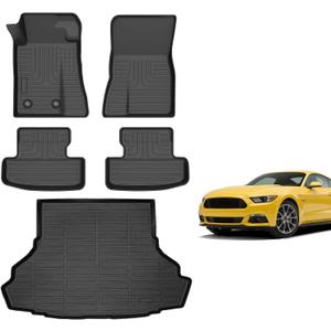 for Ford Mustang Floor Mats 2015-2025 2026 Convertible/Coupe/GT/EcoBoost Models (Not for Mach-E), TPE Automotive All Weather Custom Car Floor Mat Trunk Cargo Liner Accessories Black