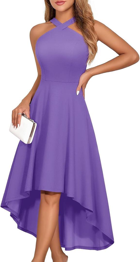 DRESSTELLS Formal Cocktail Dresses for Women, Wedding Guest Halter High Low Valentine Dress 2026 (Purple)