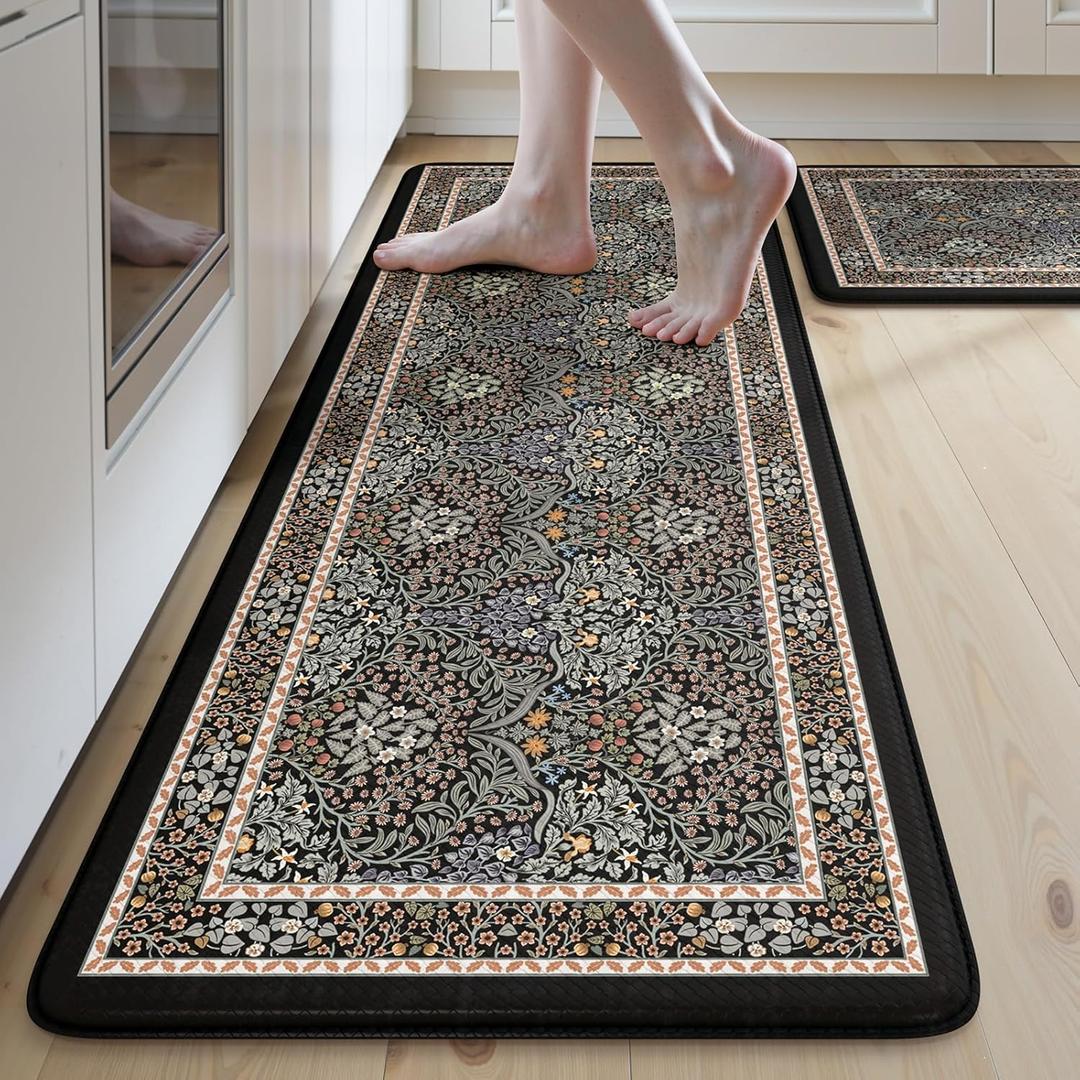 Collive Kitchen Mats for Floor, Cushioned Anti Fatigue Mat Floral Rugs 2 Piece Non Skid Waterproof Sink Rug, Memory Foam Comfort Standing Mat for Office, Laundry, Desk, Black/Multi (17.3"x47"+17.3"x29")