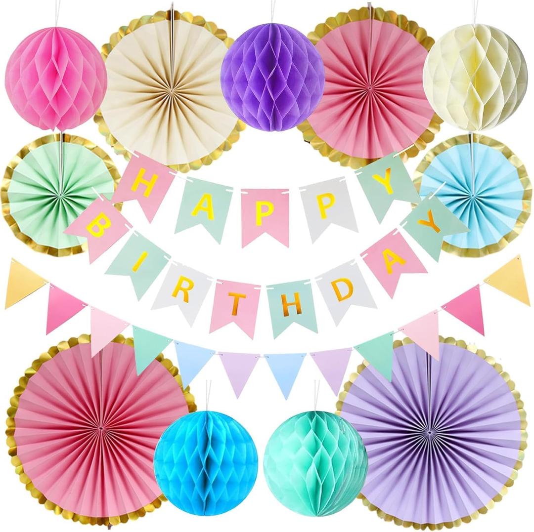 Pastel Birthday Party Decoration, Macaron Happy Birthday Party Decoration for Girls Women with Happy Birthday Banner Bunting Hanging Paper Fans, Girl Woman Pastel Birthday Honeycomb Decoration, Multicolor 
