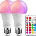ILC Color Changing LED Light Bulbs, 70W Equivalent, 2700K Warm White A19 E26 Screw Edison Base RGBW Dimmable - 12 Color Choices - Timing Infrared Remote Control Included (2 Pack)