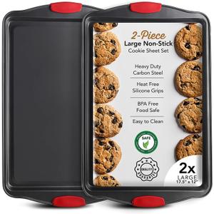 Baking Sheet Set, 2-Piece Large Cookie Sheet Set with Silicone Handles, Steel Baking Pan, Baking Sheets for Oven, BPA Free Nonstick Set, Half Sheet Pans, Black Baking Tray