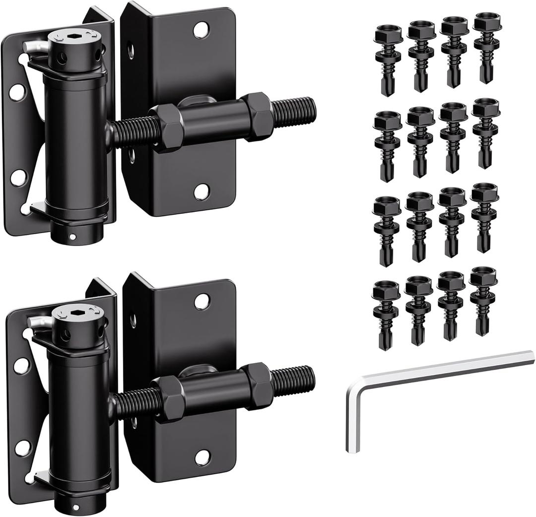Heavy Duty Self Closing Gate Hinges for Metal/Vinyl/PVC/Wood Fence,90 Degree Narrow Wood Door Hinges with Adjustable Tension,Gate Closer Hinges for Swing Door,Gate Hardware Kit,2 Pack/Set,Black Finish