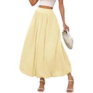 ELLEVEN Women's Bubble Maxi Skirt, Elastic Waist Puffy Hem A-Line Skirts (S)