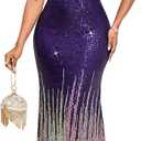 Cololura Women Sexy Sequin One Shoulder Mermaid Formal Party Cocktail Gowns Bodycon Evening Maxi Dress, Size: L
