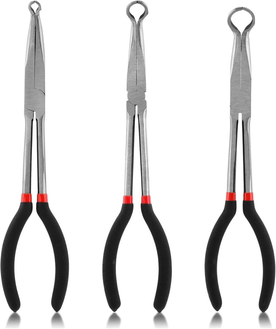 3pcs 11'' Hose Gripper Plier Set, Long Reach Hose Grip Pliers 5/16 Inch,1/2 Inch,3/4 Inch Ring Nose Hose Pliers, Offset Spark Plug Boot Removal Pliers for Narrow Space (Black Silver)