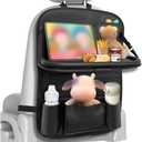 Car Backseat Organizer with Tablet Holder, 9 Storage Pockets PU Leather Foldable Table Tray Seat Back Protectors, Car Seat Back Protectors Kick Mats Car Accessories (Black)