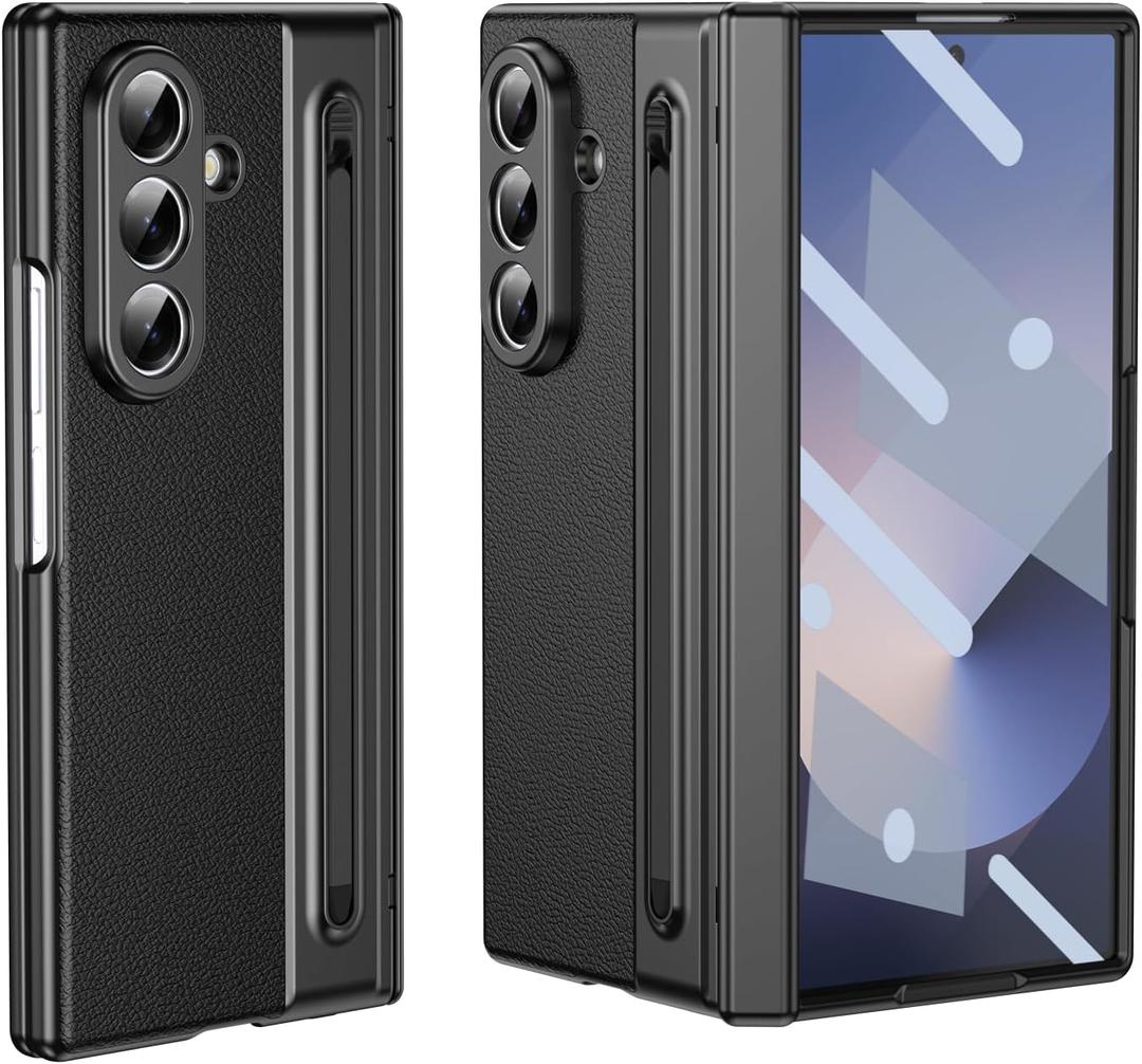 for Samsung Galaxy Z Fold 7 Case with Built-in Compact Writing Pen,Leather Texture,Hinge Protection Wireless Charging,Slim S Pen Phone Case Black 23-Z Fold7-01