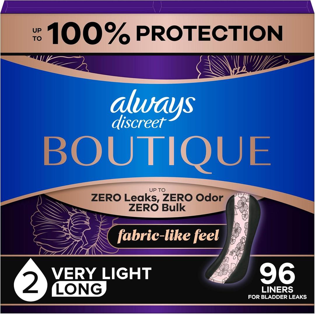 Always Discreet Boutique Incontinence Panty Liners for Bladder Leaks, Size 2, Very Light Absorbency, Long Length, 96 Count (3 Packs of 32)
