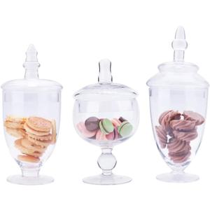 Glass Apothecary Jars with Lids, Small Storage Containers, Set of 3 Wide Mouth Storage Candy Jar Decorative Candy Buffet Organizer Canisters Elegant Kitchen (Height: 8.3" 10.5" 8.3", Round)