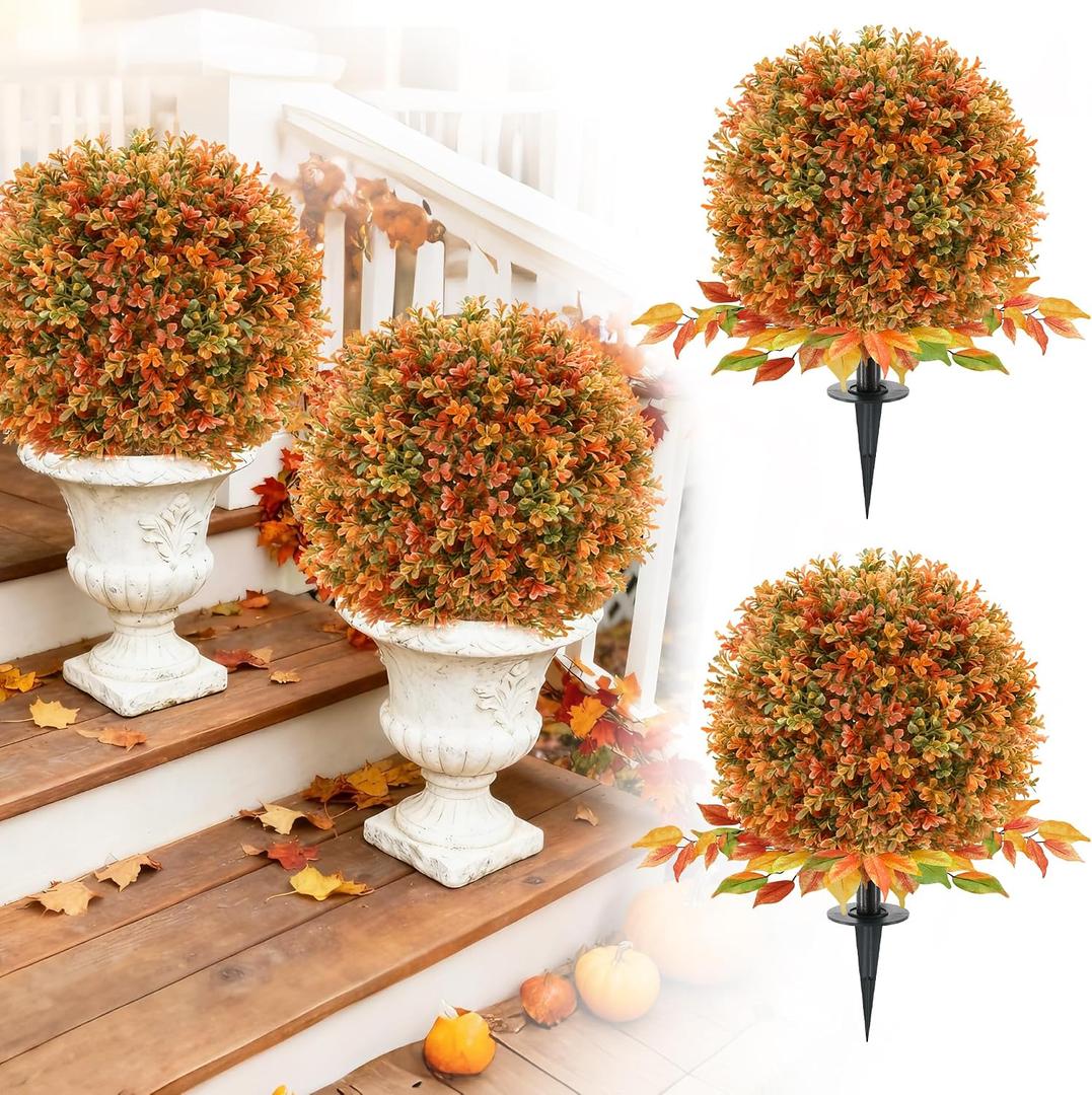 2 Pack Artificial Fall Flower Topiary Ball with Ground Spikes, UV Resistant Orange Boxwood Outdoor Faux Shrubs Plants for Fall Autumn Thanksgiving Halloween Decor, Garden Porch Yard Patio
