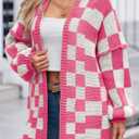 Saodimallsu Womens Checkered Oversized Cardigan Sweaters Color Block Chunky Open Front Lantern Sleeve Plaid Knit Coats (Medium, Rose)