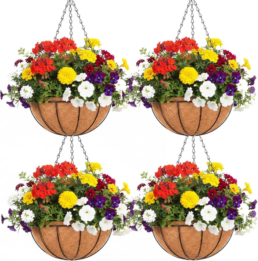 EIMQUVW Outdoor Metal Hanging Planters Basket (4pack, 8 inch) Hanging Baskets for Plants Chain Round Wire Plant Holder with Coco Fiber Liners for Garden, Patio, Deck, Porch