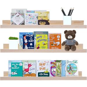 AZSKY 24 Inch Floating Shelves Set of 3, Solid Natural Wood Wall Mounted Picture Ledge, Long Narrow Photo Display Shelf & Nursery Bookshelf for Bedroom, Living Room Decor (Hardware Included)