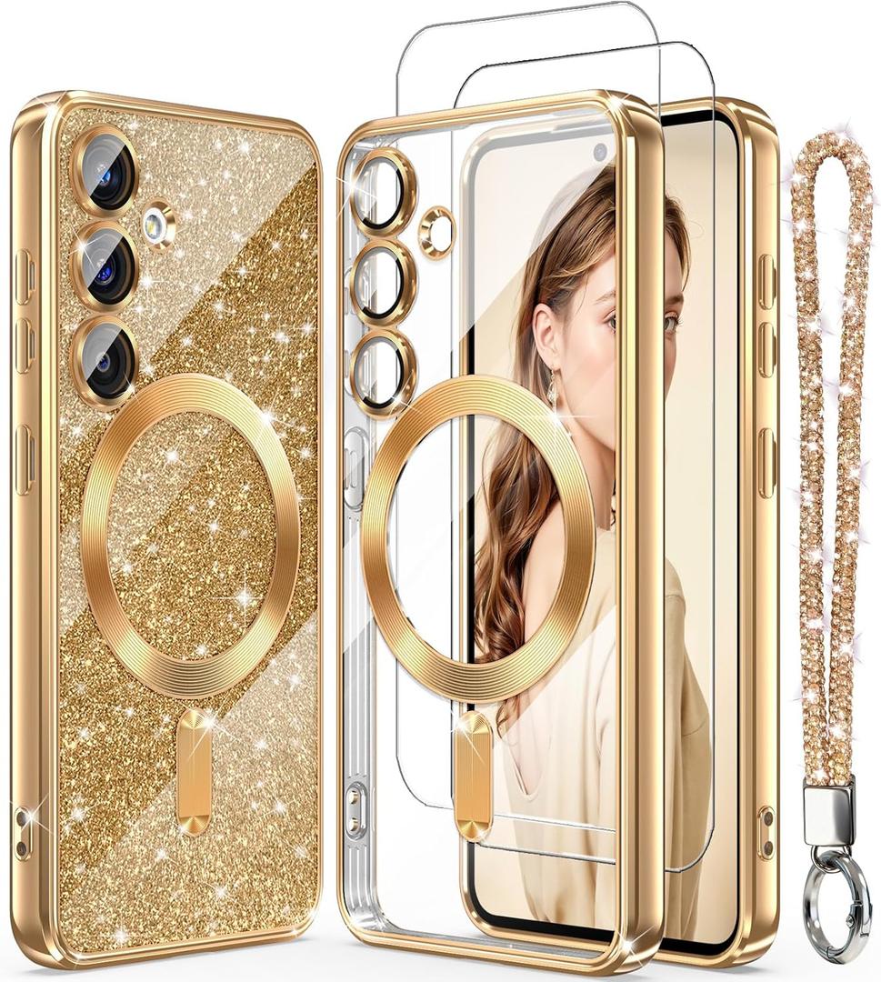 Magnetic for Samsung Galaxy S22 5G Case + 2X Screen Protectors,Luxury Plated Gold Edge [Glitter Card&Wrist Strap] Slim Soft Crystal Clear TPU Shockproof Case Cover for S22 5G-Gold