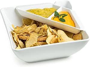 Gomakren Chips and Dip Serving Dish, White Serving Bowl, 2.8 Quart Large Serving Bowl for Entertaining, Square Mixing Bowl Salad Bowl, Porcelain Serving Dish with Dipping Sauce Tray